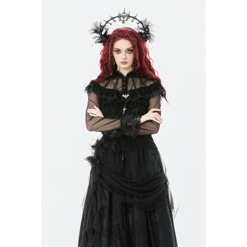 Women's Gothic Rose Printed Ruffled Long Sleeved Top