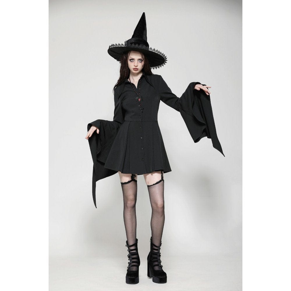 Women's Gothic Lapel Collar Flared Sleeved Witch Dress