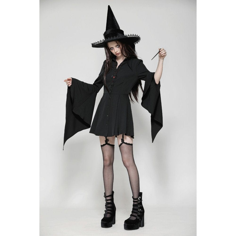 Women's Gothic Lapel Collar Flared Sleeved Witch Dress