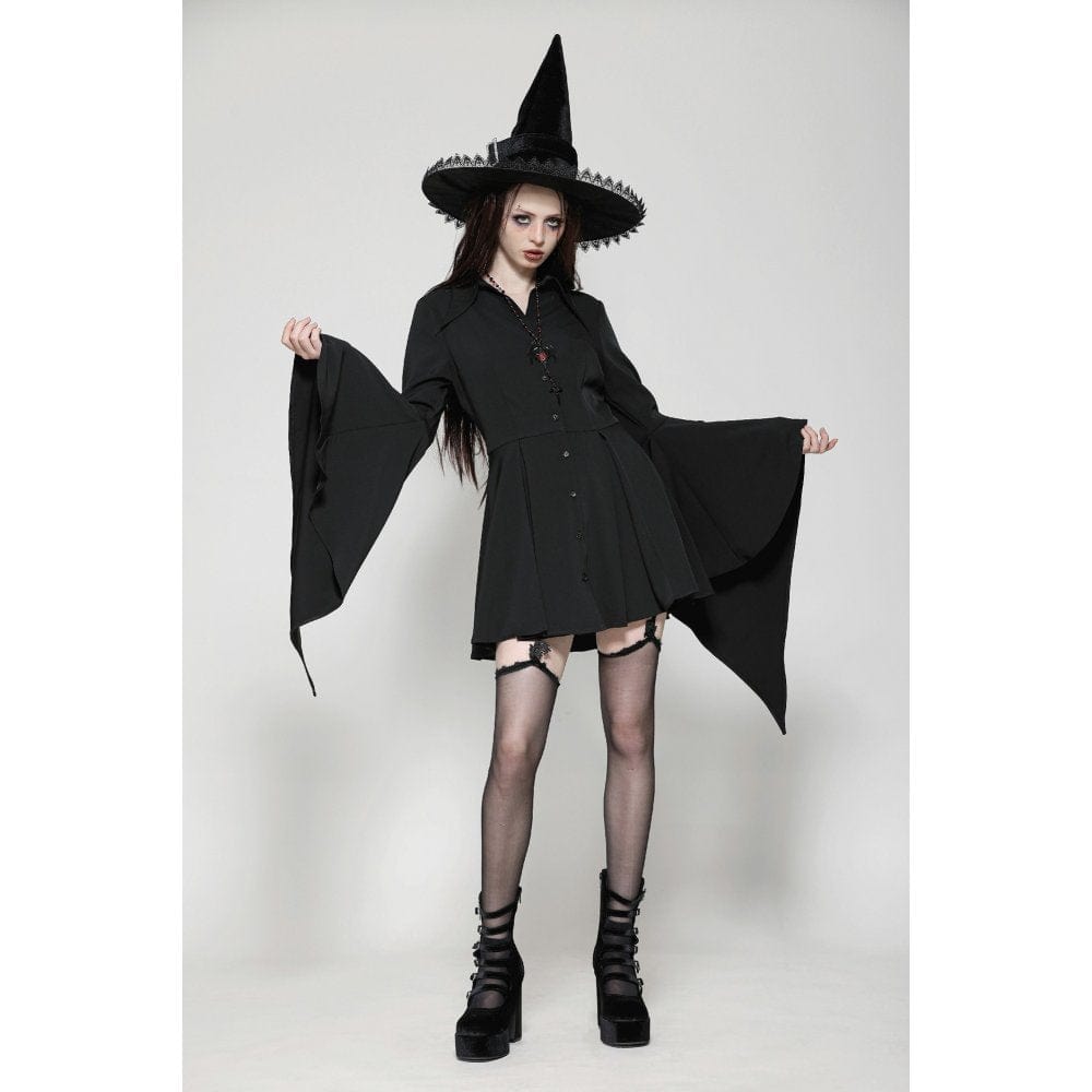 Women's Gothic Lapel Collar Flared Sleeved Witch Dress