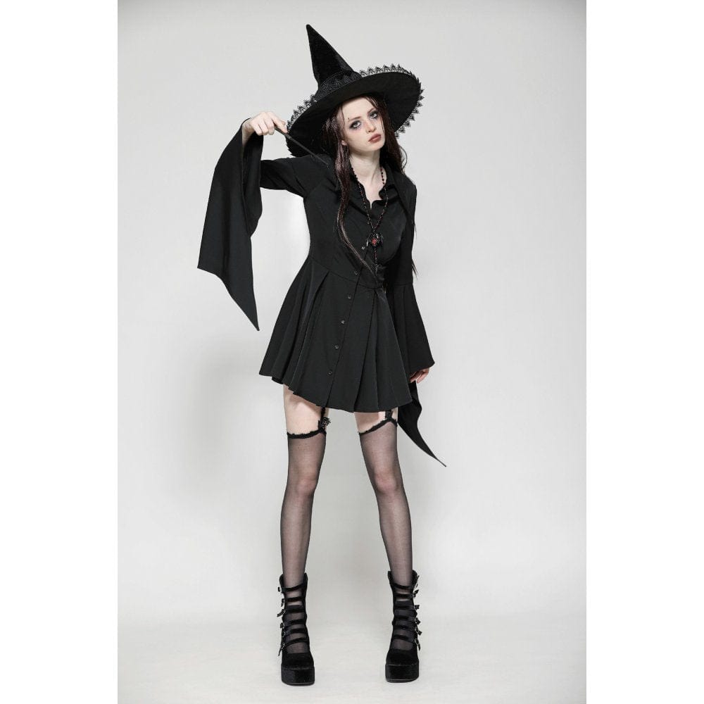 Women's Gothic Lapel Collar Flared Sleeved Witch Dress