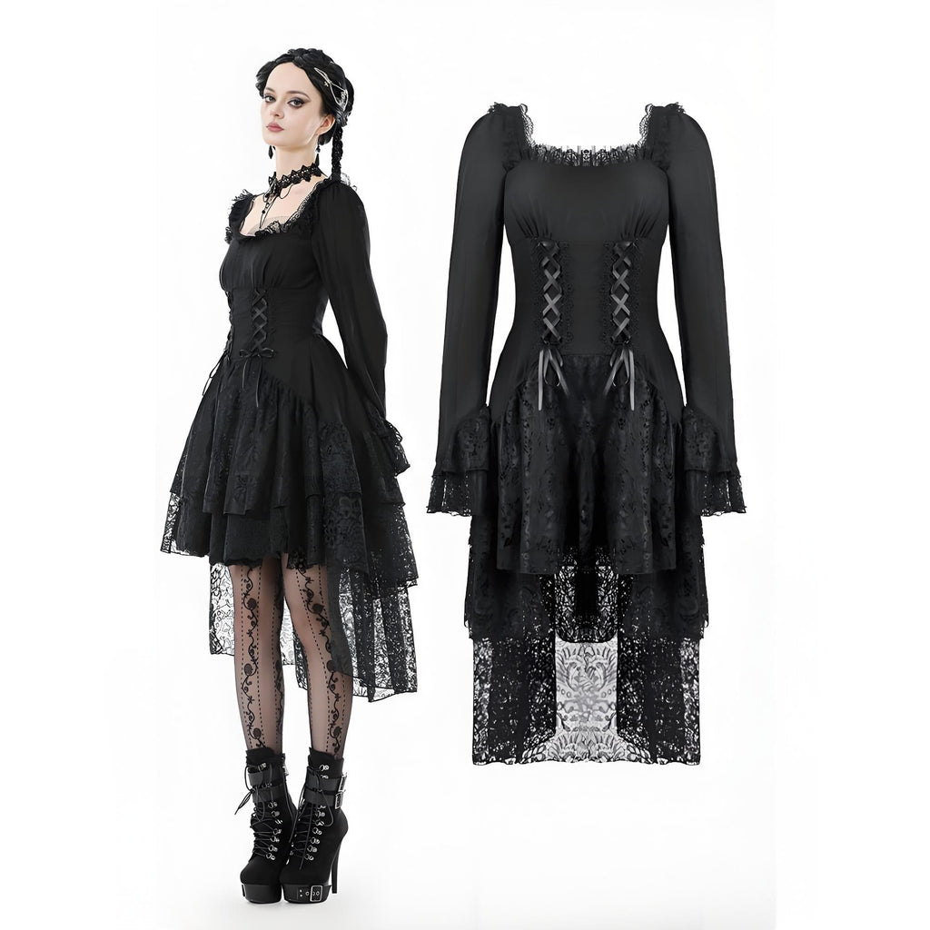 Women's Gothic Layered Lace-up Square-cut Collar Dress
