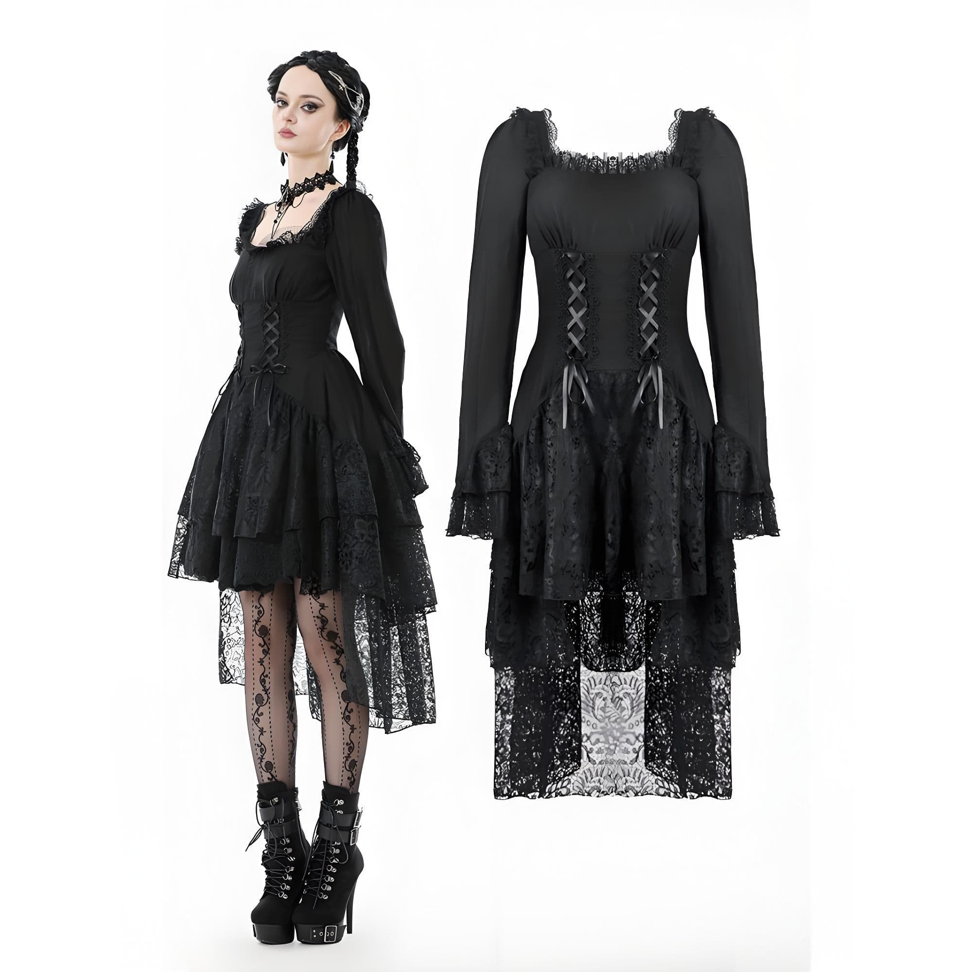 Women's Gothic Layered Lace-up Square-cut Collar Dress