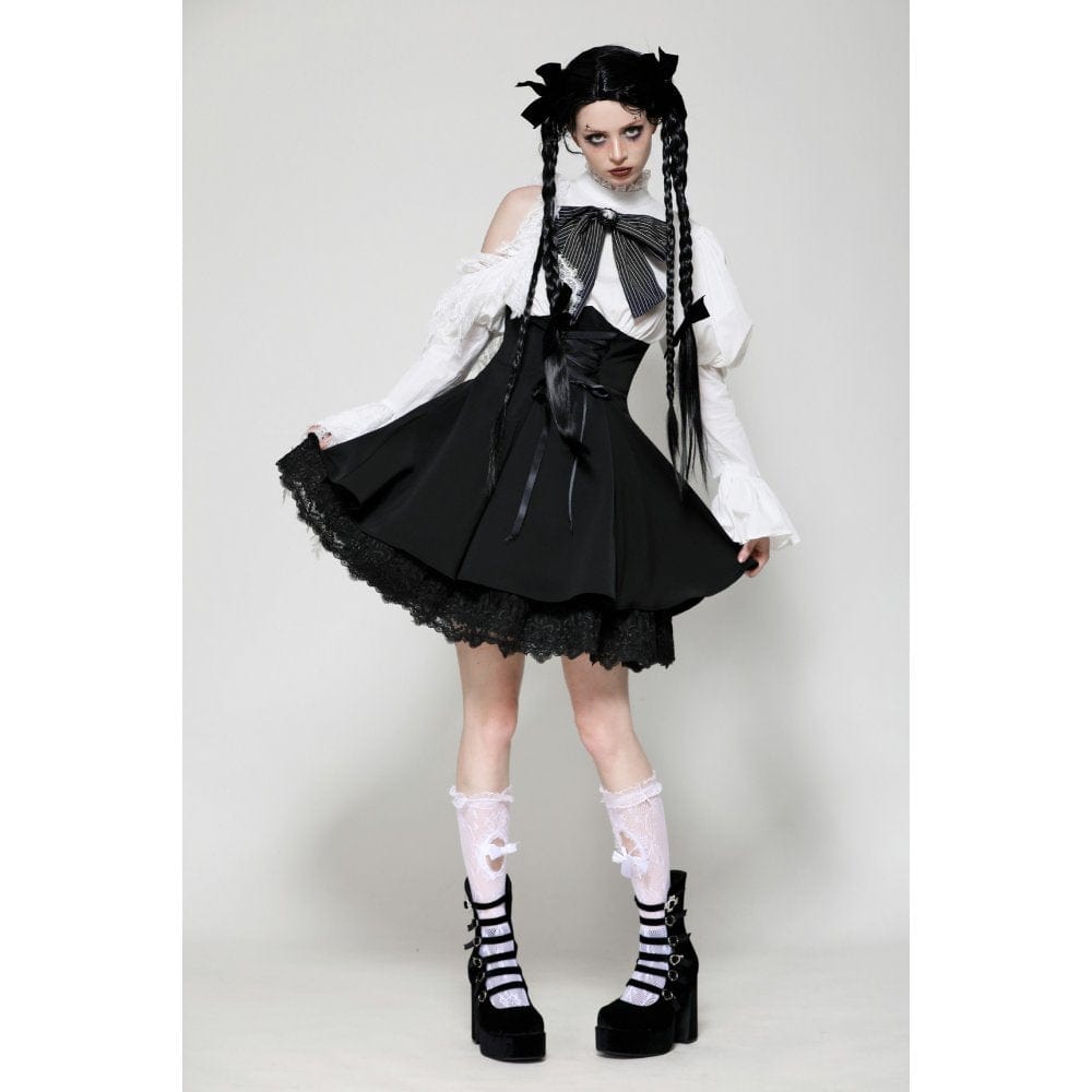 Women's Gothic Lolita Bowknot Short Dress Black White