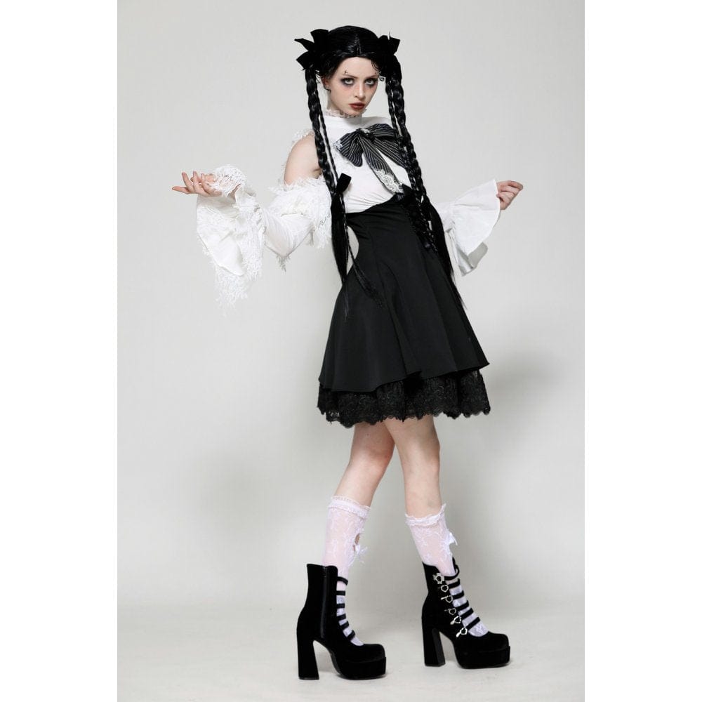 Women's Gothic Lolita Bowknot Short Dress Black White