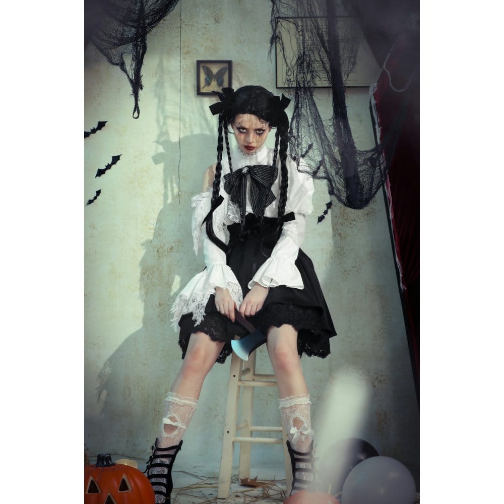 Women's Gothic Lolita Bowknot Short Dress Black White