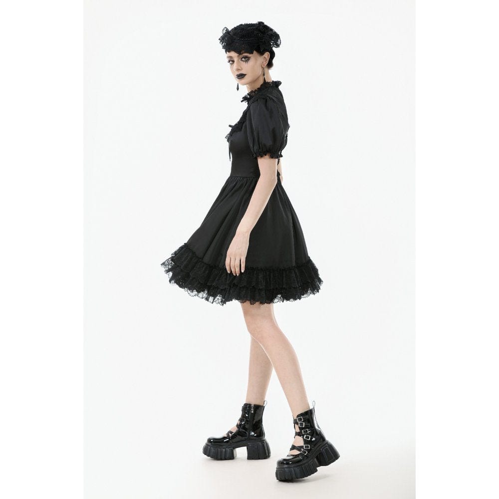 Women's Gothic Lolita Lacing-up Puff Sleeved Lace Dress