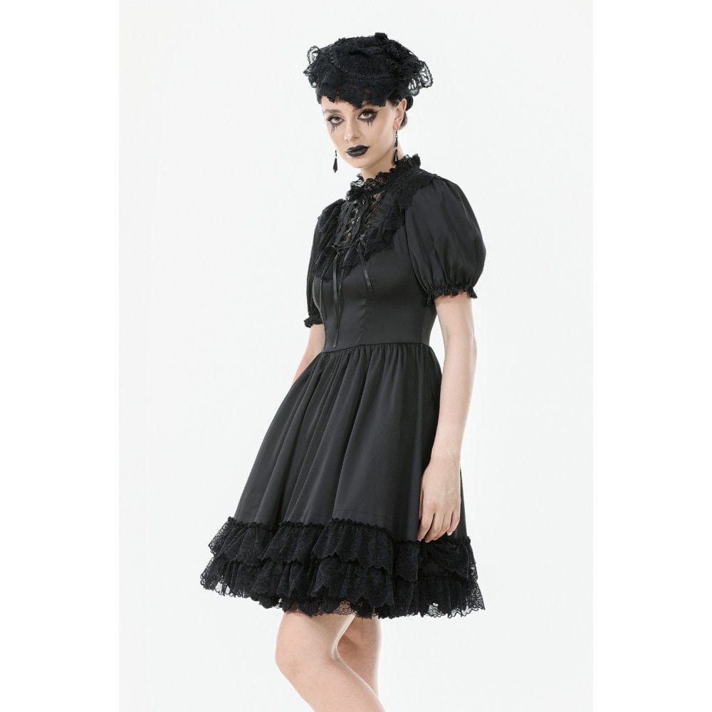 Women's Gothic Lolita Lacing-up Puff Sleeved Lace Dress