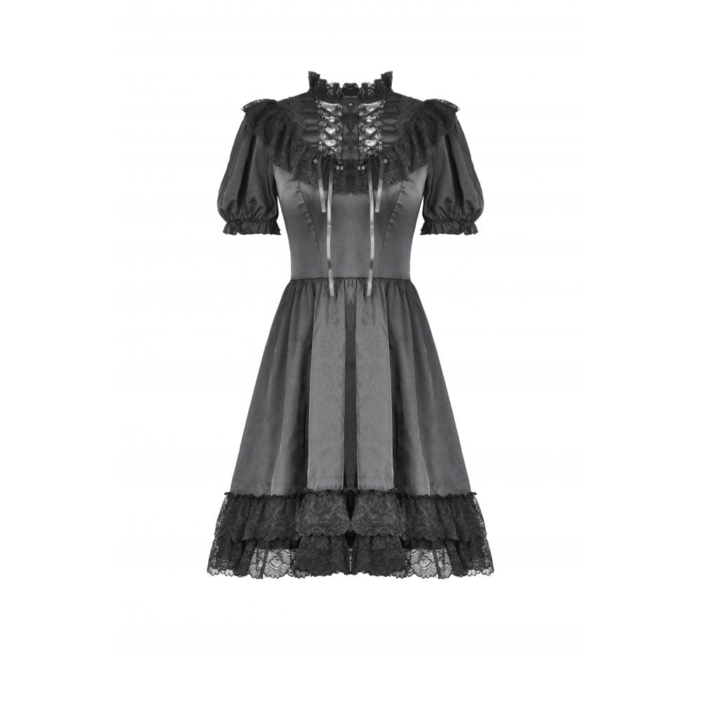 Women's Gothic Lolita Lacing-up Puff Sleeved Lace Dress