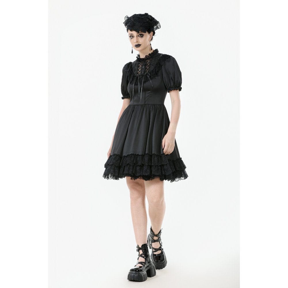 Women's Gothic Lolita Lacing-up Puff Sleeved Lace Dress