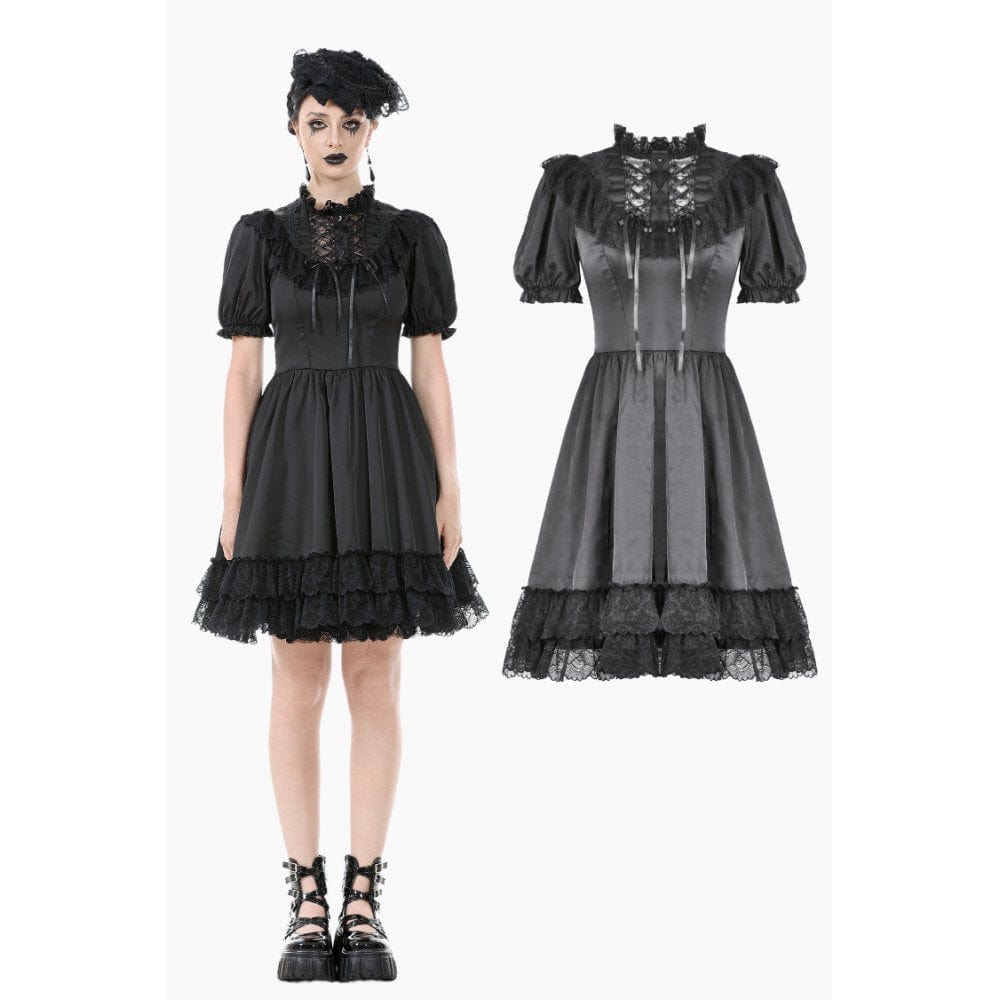 Women's Gothic Lolita Lacing-up Puff Sleeved Lace Dress