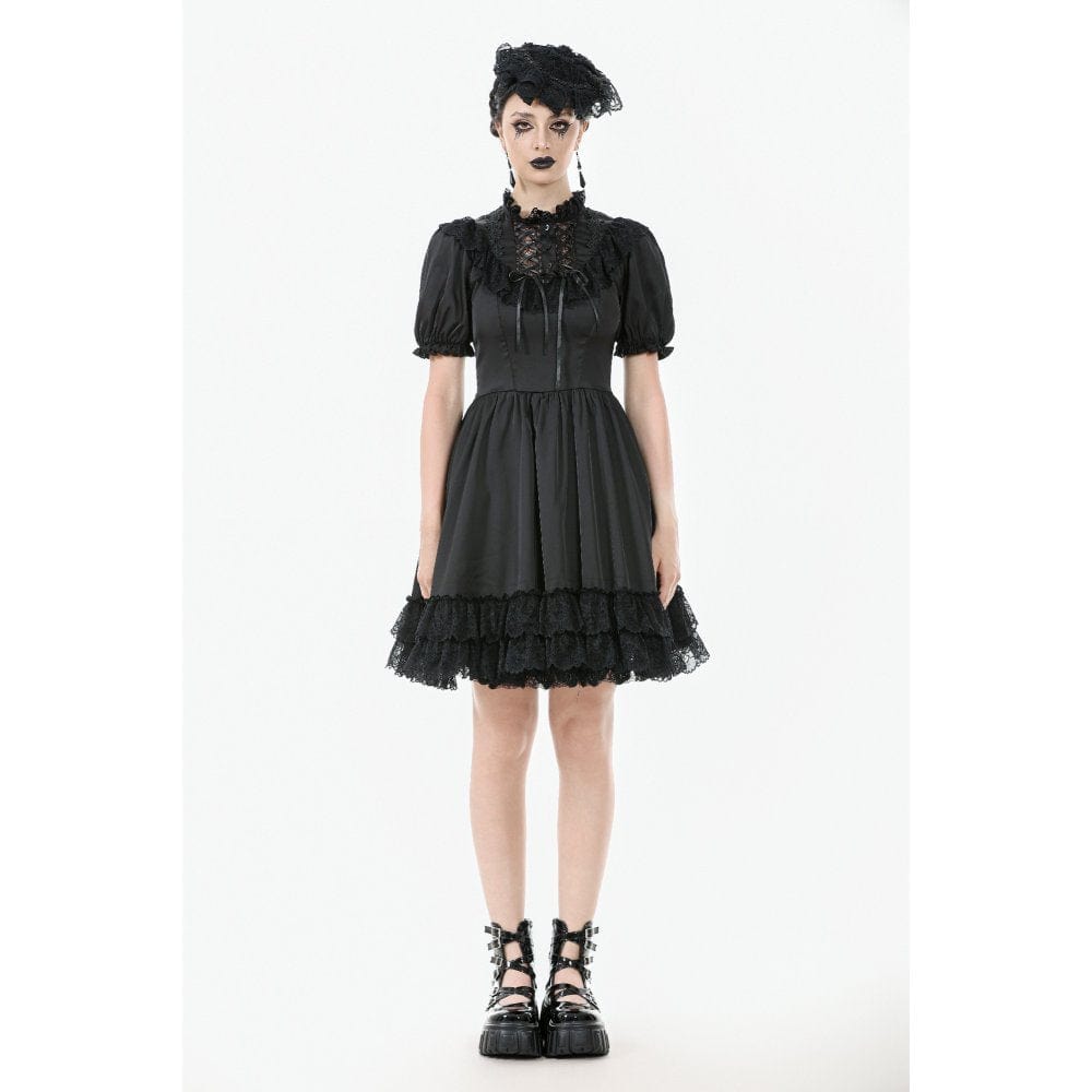 Women's Gothic Lolita Lacing-up Puff Sleeved Lace Dress