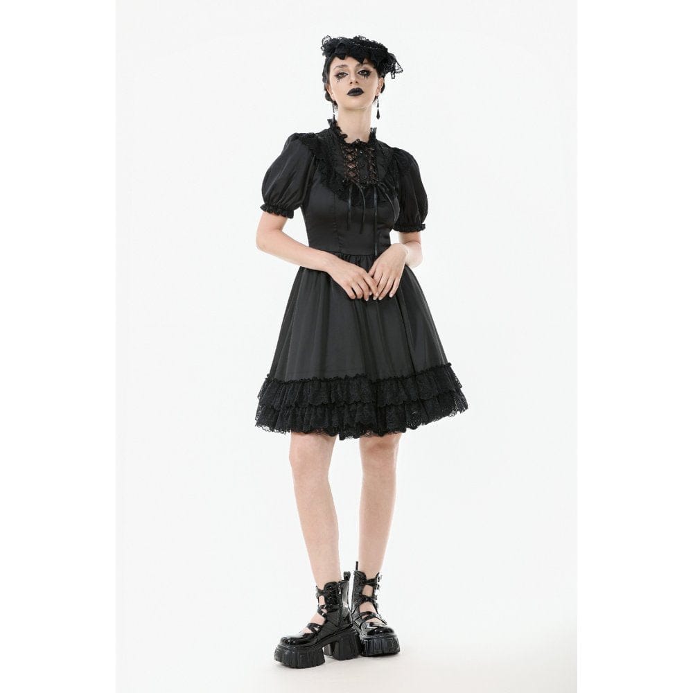 Women's Gothic Lolita Lacing-up Puff Sleeved Lace Dress