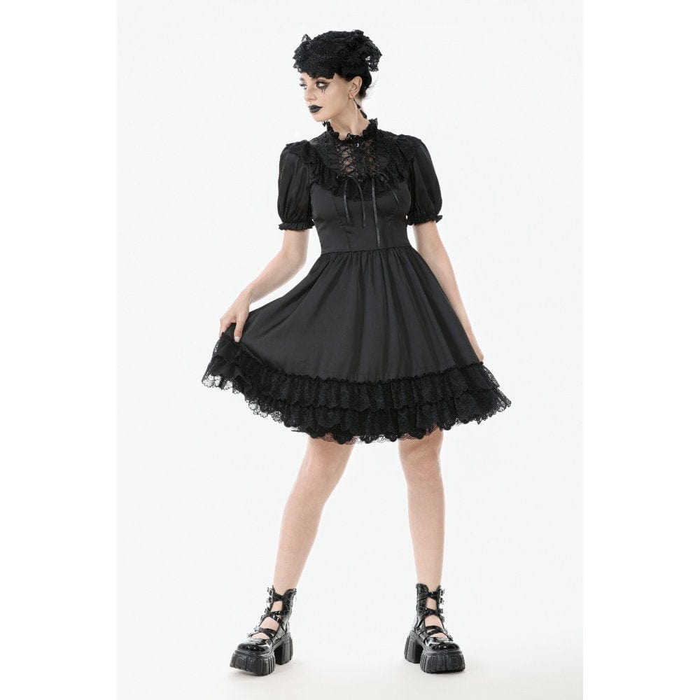 Women's Gothic Lolita Lacing-up Puff Sleeved Lace Dress