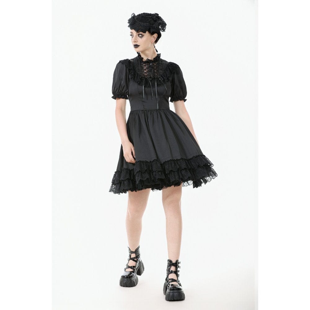 Women's Gothic Lolita Lacing-up Puff Sleeved Lace Dress