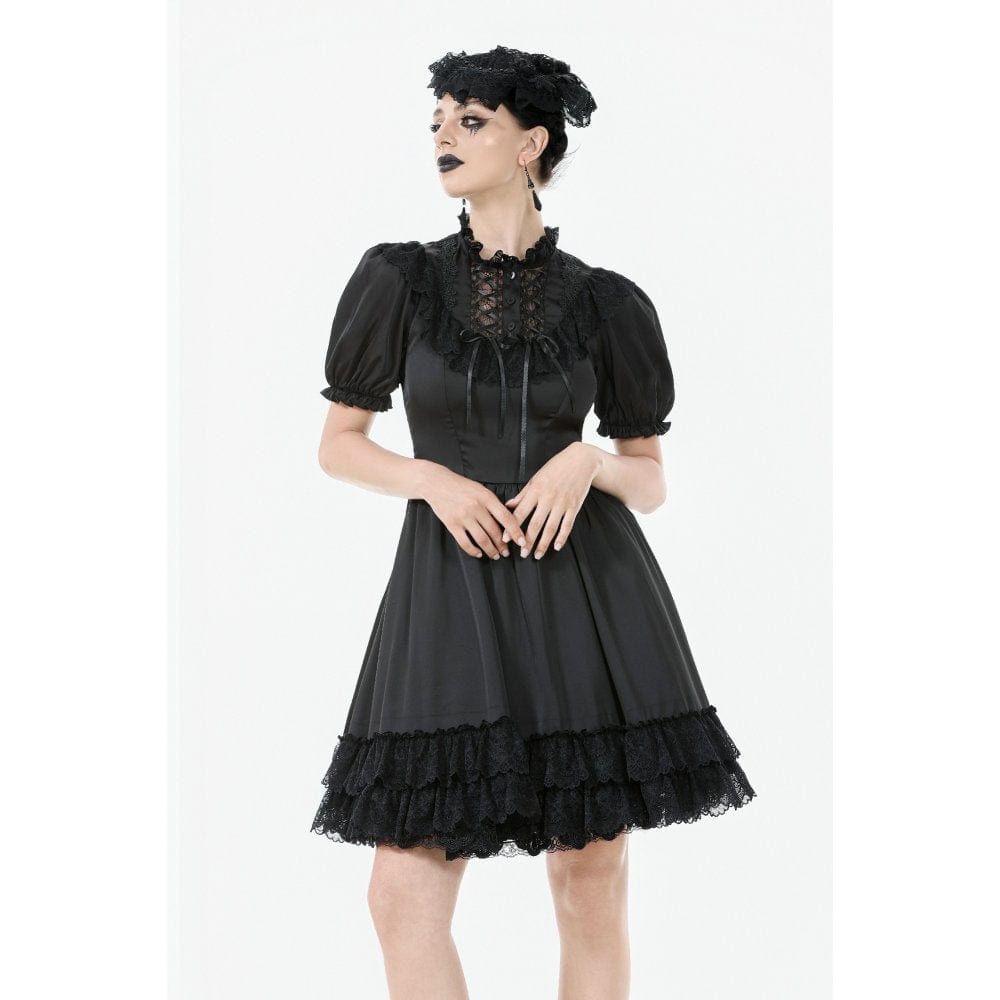Women's Gothic Lolita Lacing-up Puff Sleeved Lace Dress
