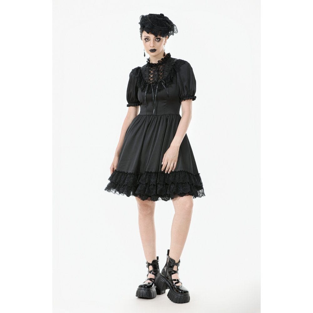 Women's Gothic Lolita Lacing-up Puff Sleeved Lace Dress