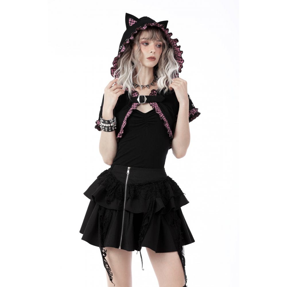 Women's Gothic Lolita Pink Plaid Cape with Cat Ear Hood