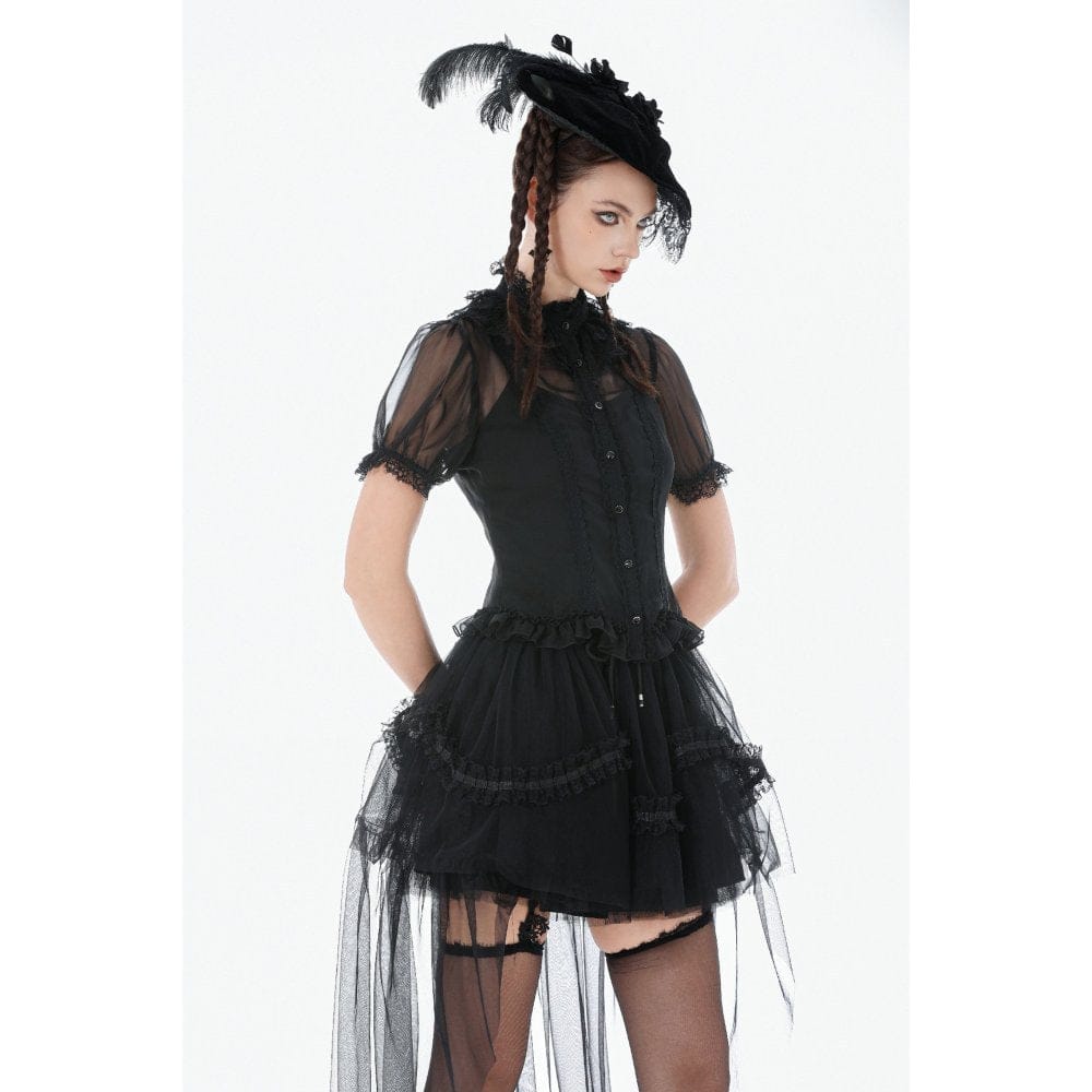 Women's Gothic Mesh Sheer Ruffled Short Sleeved Shirt