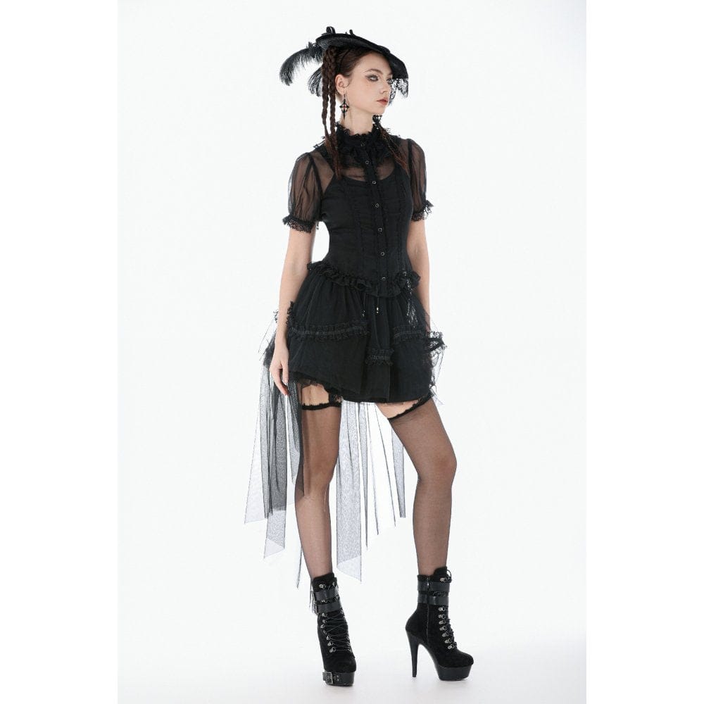 Women's Gothic Mesh Sheer Ruffled Short Sleeved Shirt
