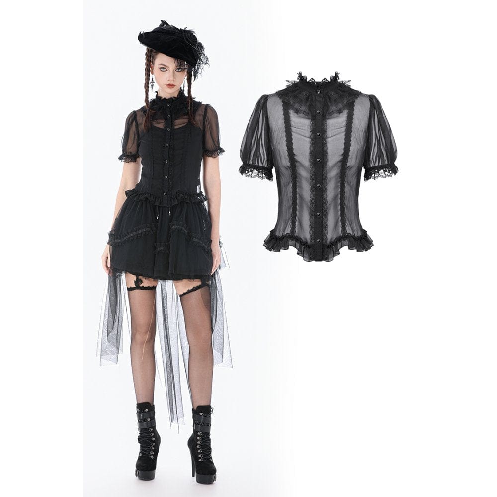 Women's Gothic Mesh Sheer Ruffled Short Sleeved Shirt
