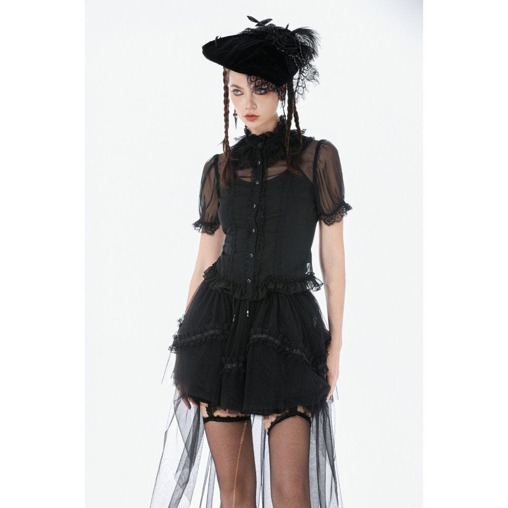 Women's Gothic Mesh Sheer Ruffled Short Sleeved Shirt