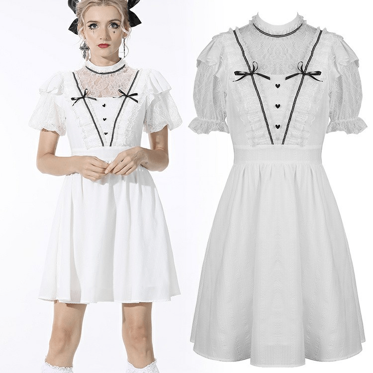 Women's Gothic Puff Sleeved Bowknot White Dress