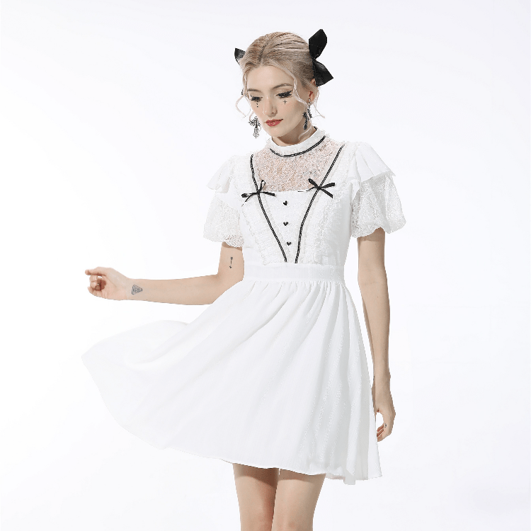Women's Gothic Puff Sleeved Bowknot White Dress