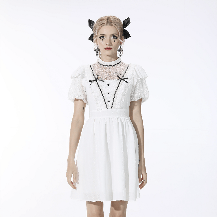 Women's Gothic Puff Sleeved Bowknot White Dress