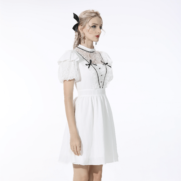 Women's Gothic Puff Sleeved Bowknot White Dress