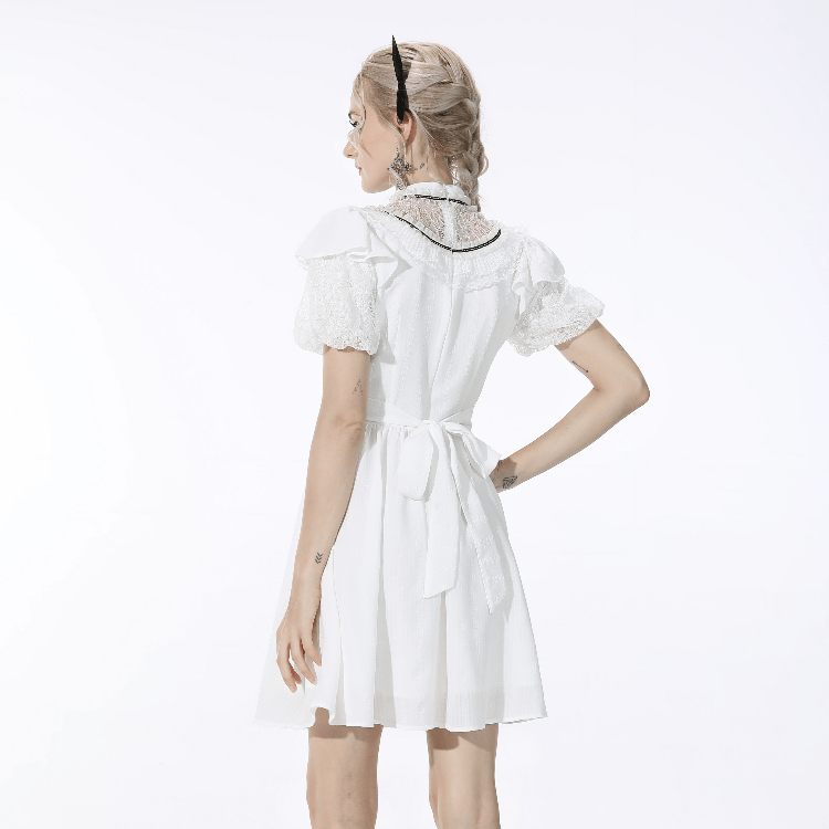 Women's Gothic Puff Sleeved Bowknot White Dress