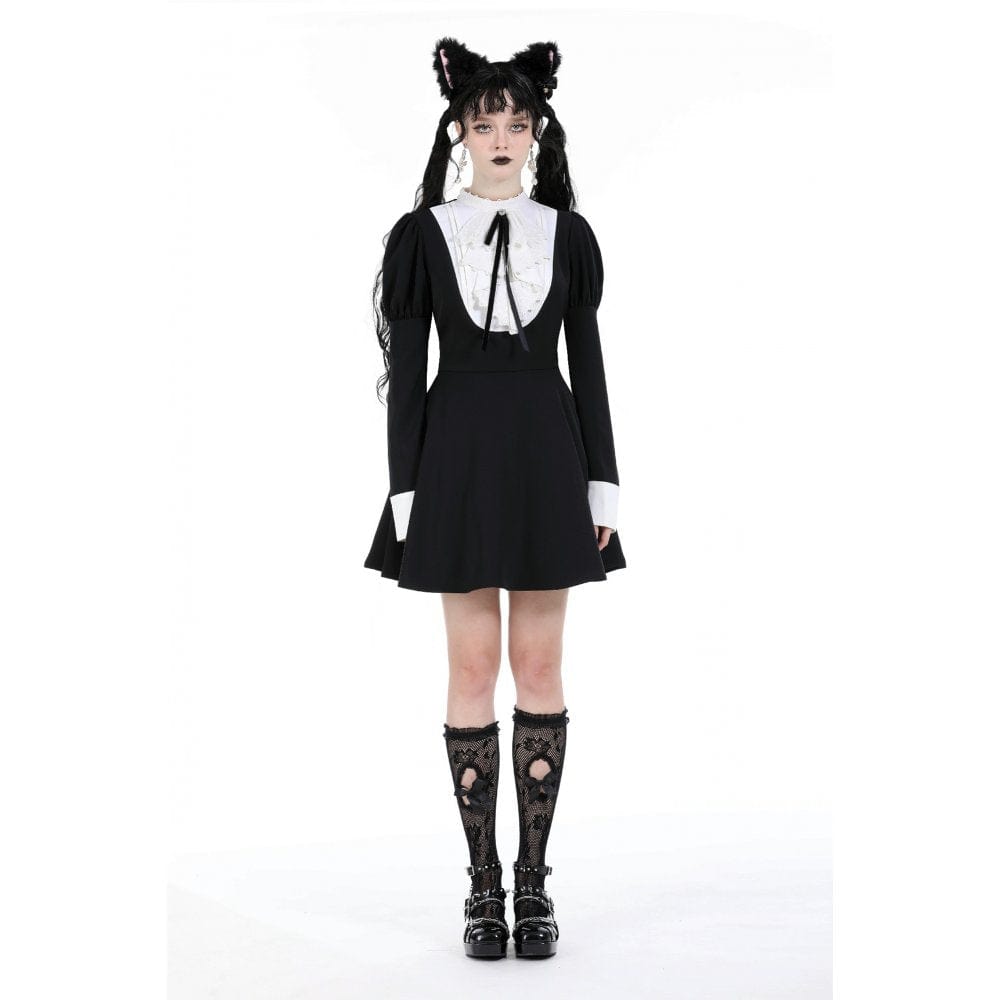 Women's Gothic Puff Sleeved Double Color Dress