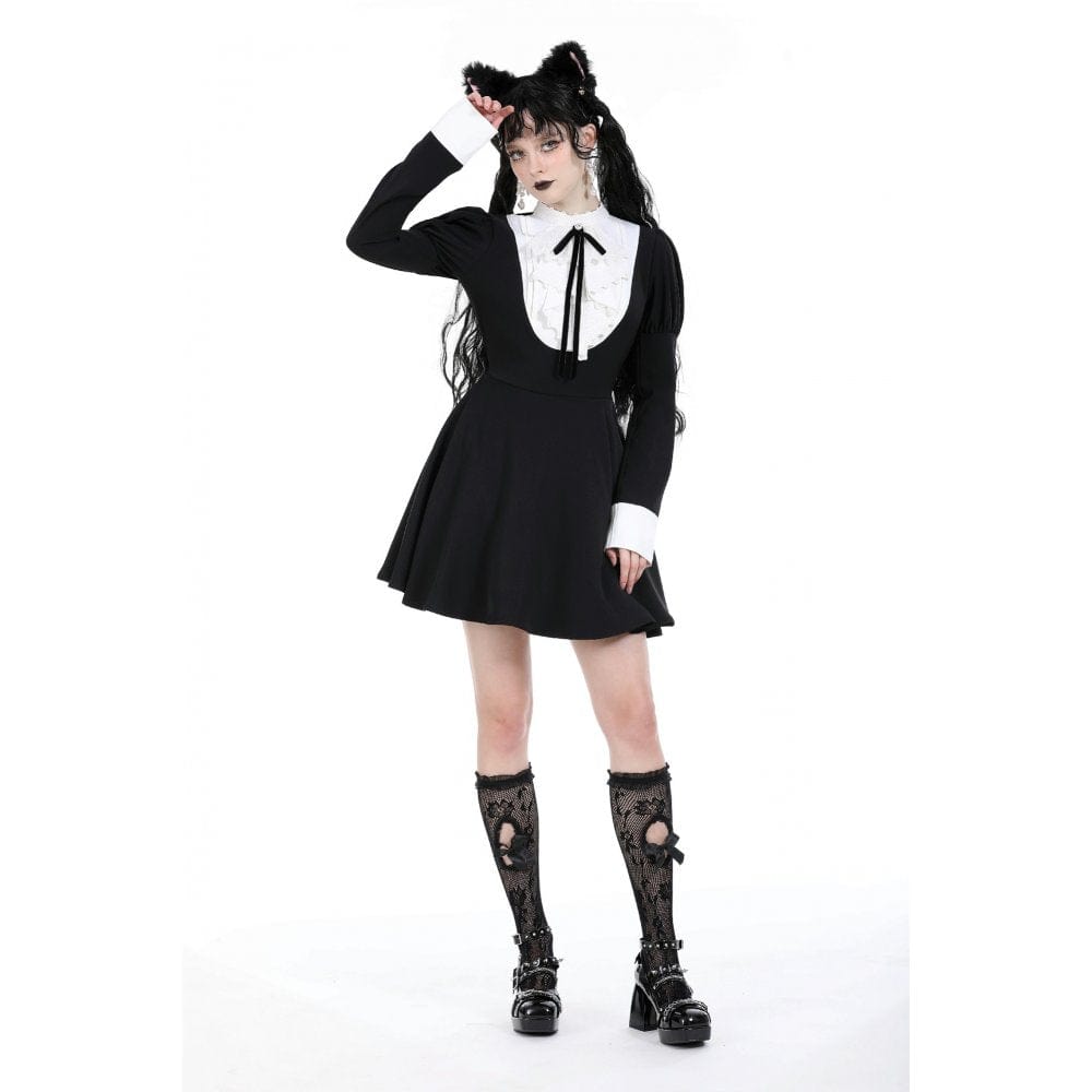 Women's Gothic Puff Sleeved Double Color Dress