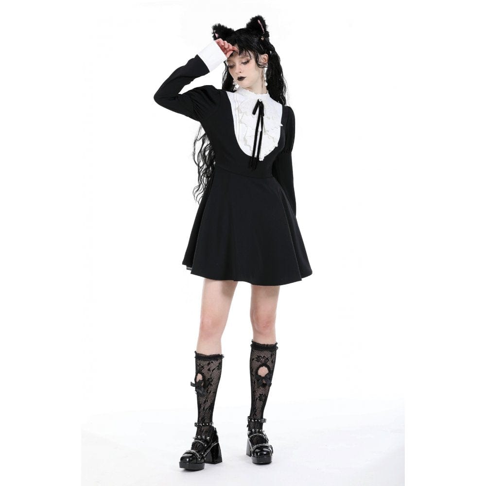 Women's Gothic Puff Sleeved Double Color Dress