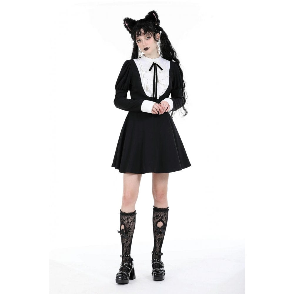 Women's Gothic Puff Sleeved Double Color Dress