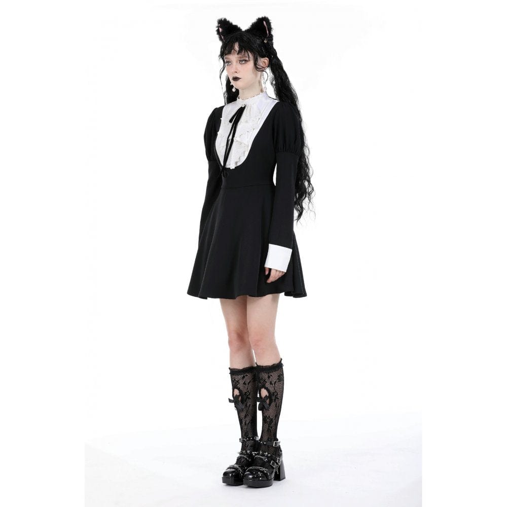 Women's Gothic Puff Sleeved Double Color Dress