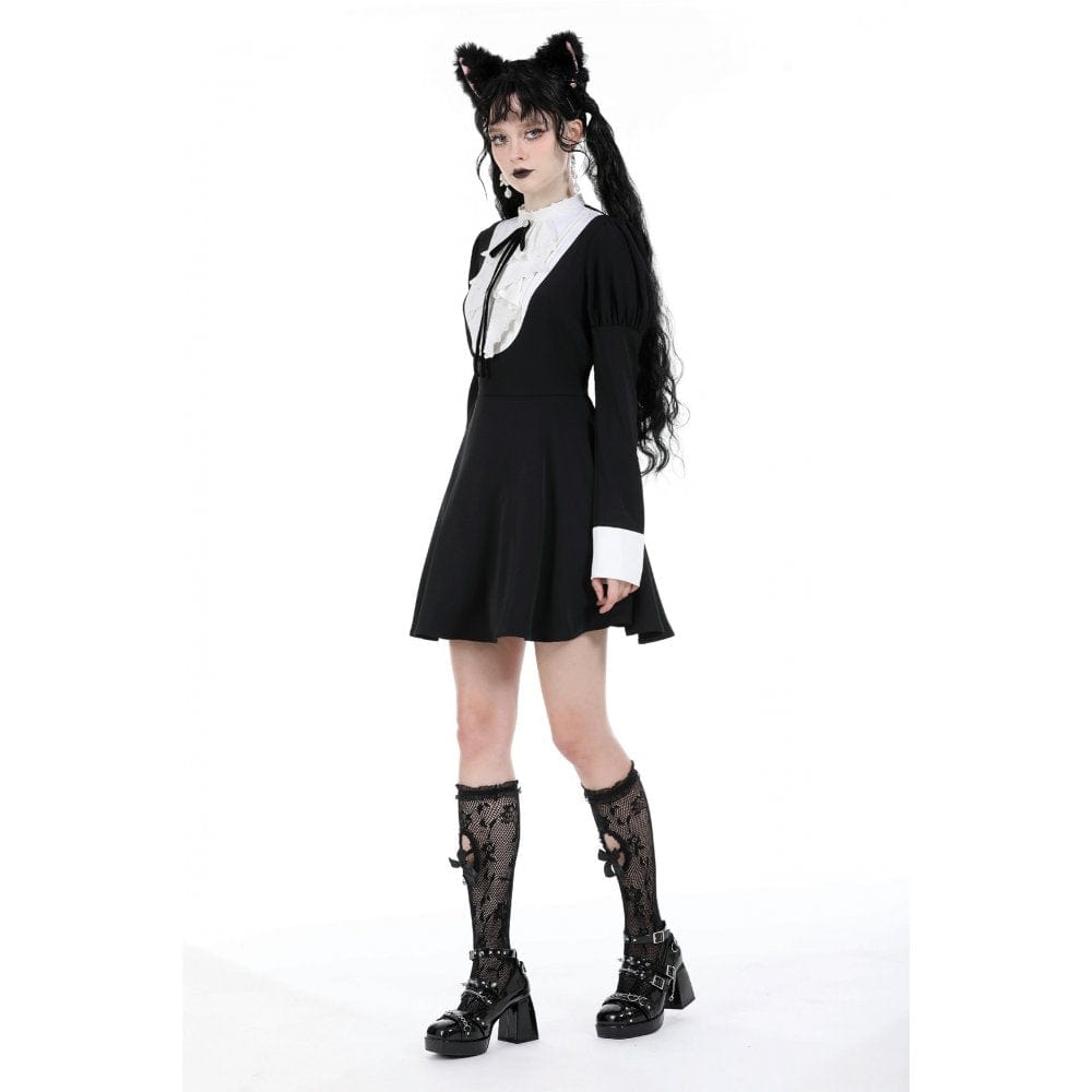 Women's Gothic Puff Sleeved Double Color Dress