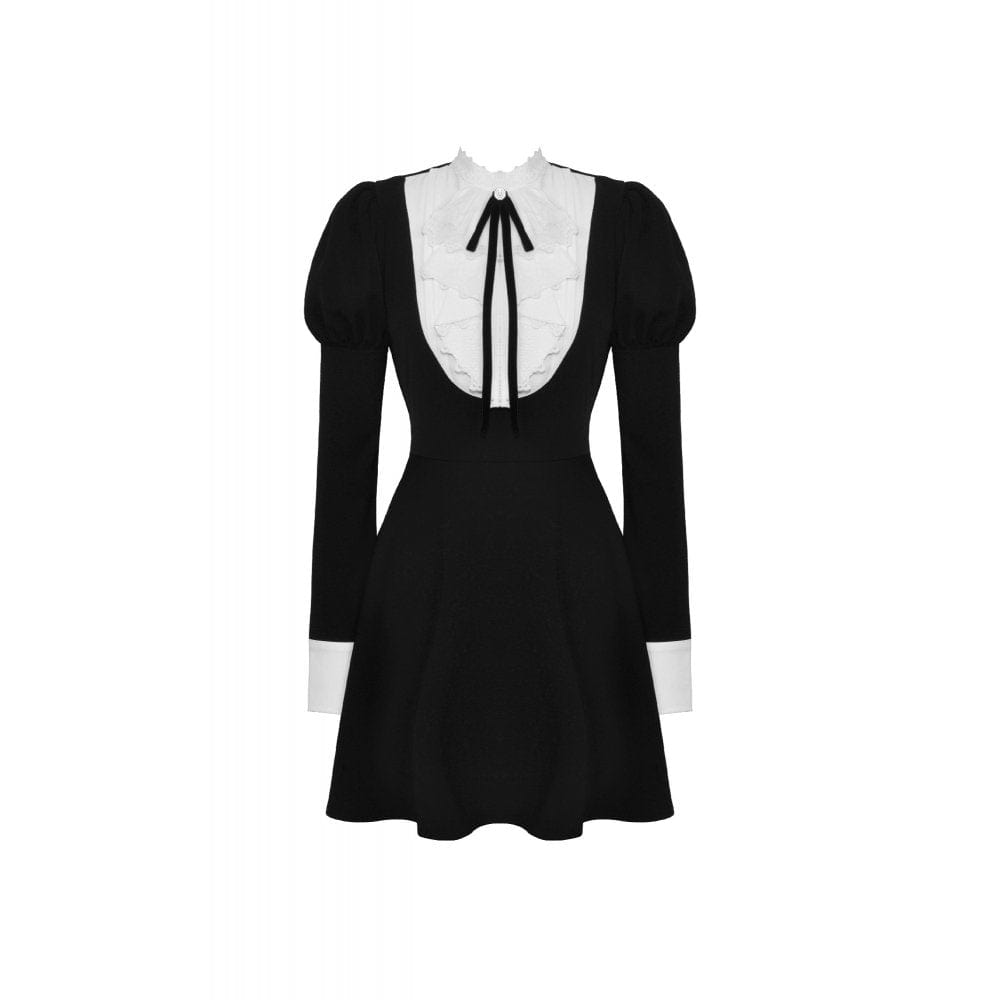 Women's Gothic Puff Sleeved Double Color Dress
