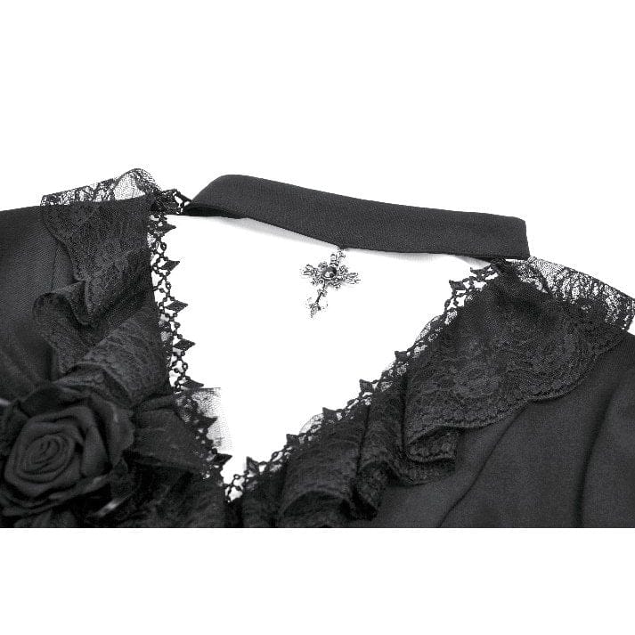 Women's Gothic Rose Ruffled Plunging Short Sleeved Shirt