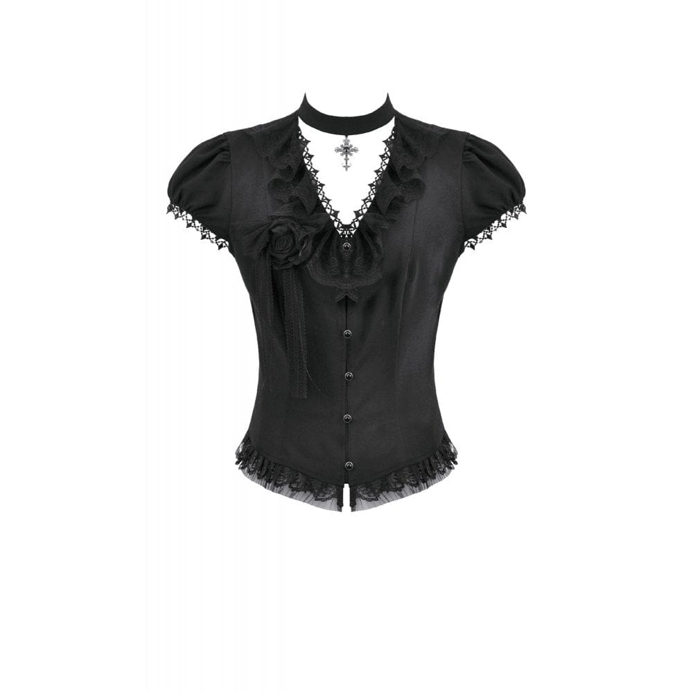 Women's Gothic Rose Ruffled Plunging Short Sleeved Shirt
