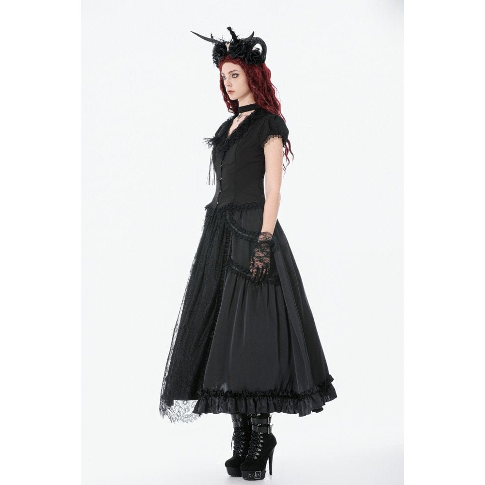 Women's Gothic Rose Ruffled Plunging Short Sleeved Shirt