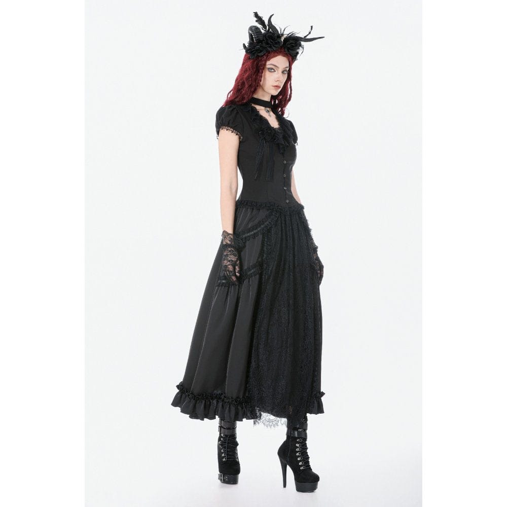 Women's Gothic Rose Ruffled Plunging Short Sleeved Shirt