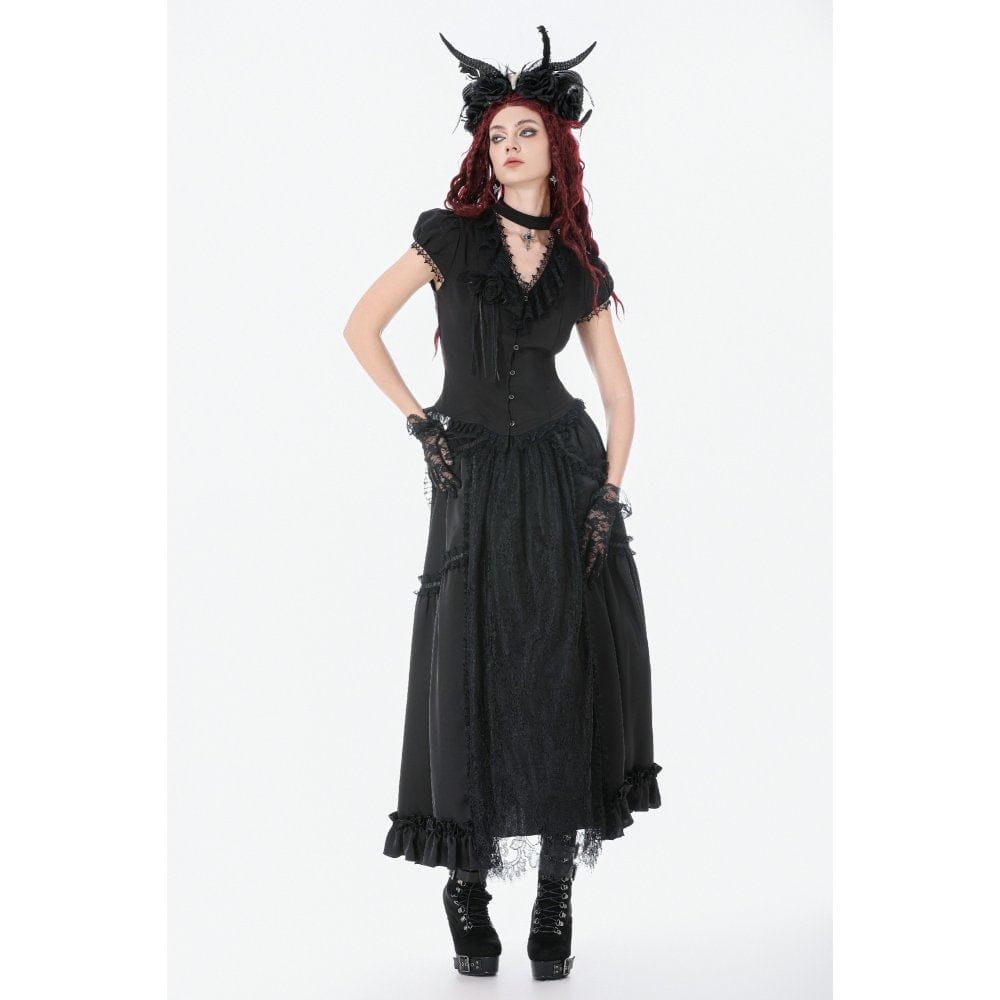 Women's Gothic Rose Ruffled Plunging Short Sleeved Shirt