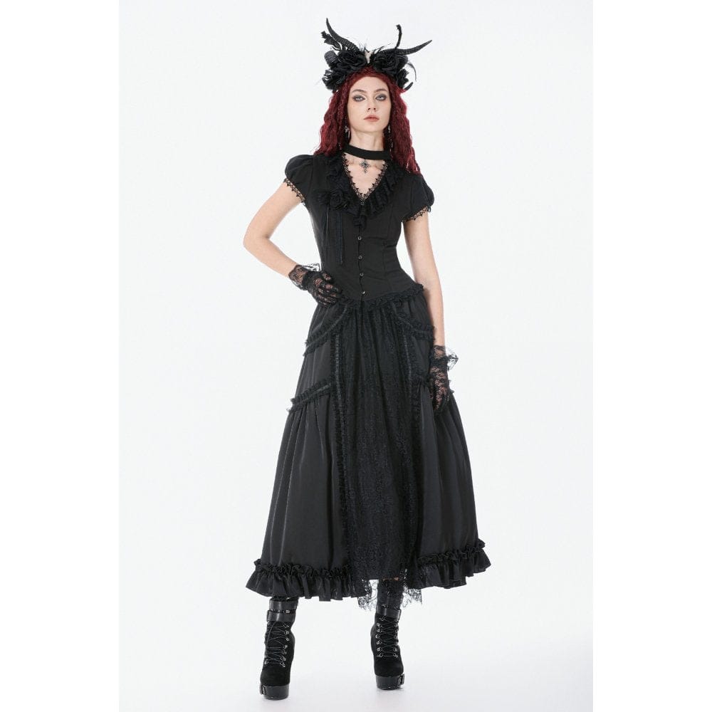 Women's Gothic Rose Ruffled Plunging Short Sleeved Shirt