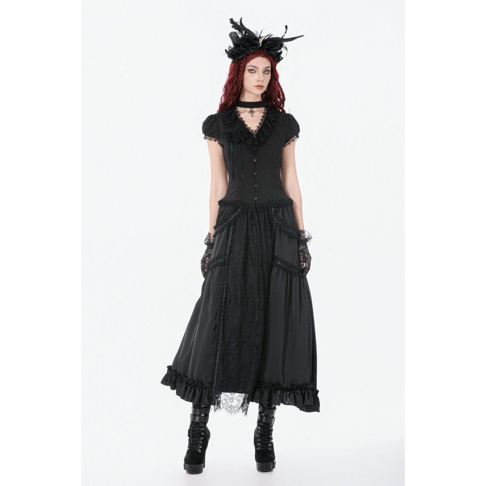 Women's Gothic Rose Ruffled Plunging Short Sleeved Shirt