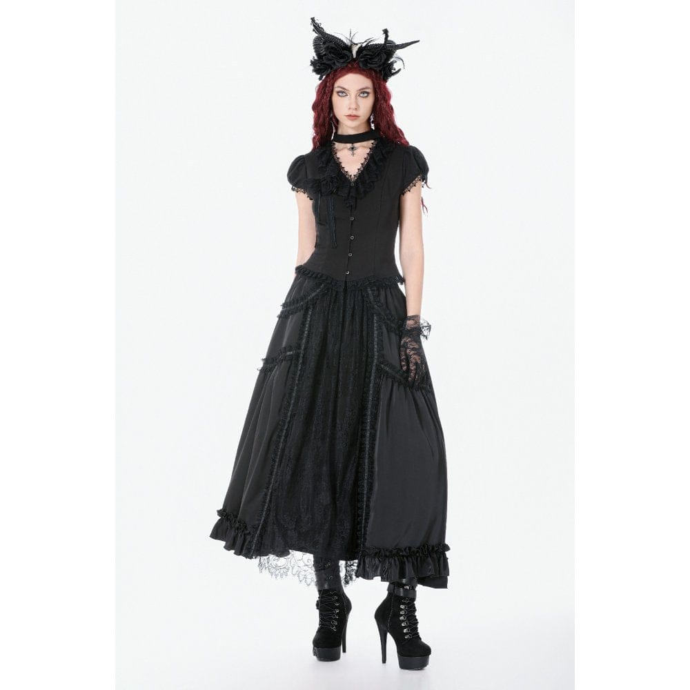 Women's Gothic Rose Ruffled Plunging Short Sleeved Shirt