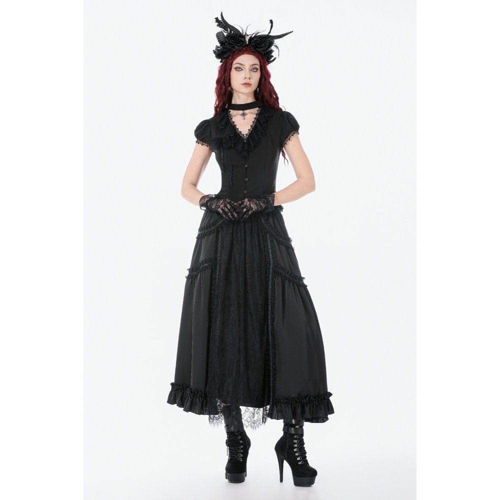 Women's Gothic Rose Ruffled Plunging Short Sleeved Shirt