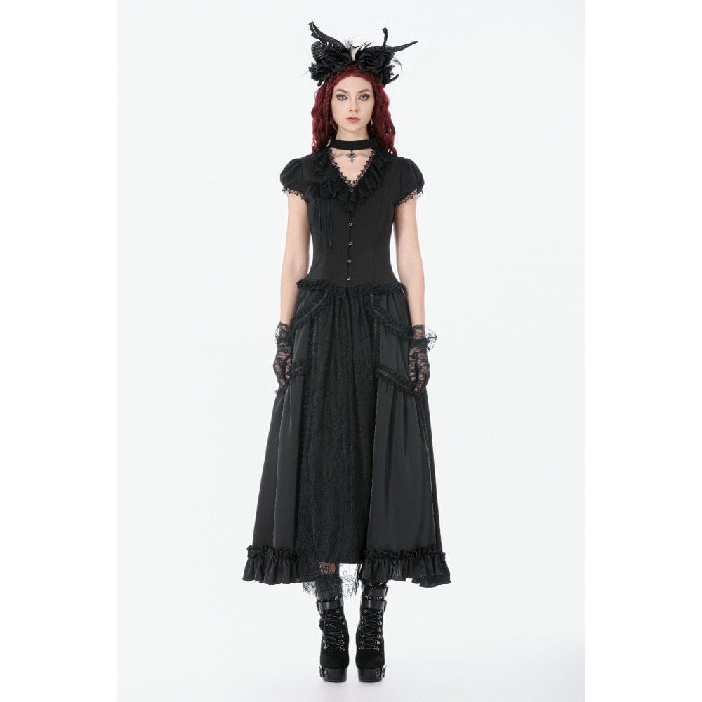 Women's Gothic Rose Ruffled Plunging Short Sleeved Shirt