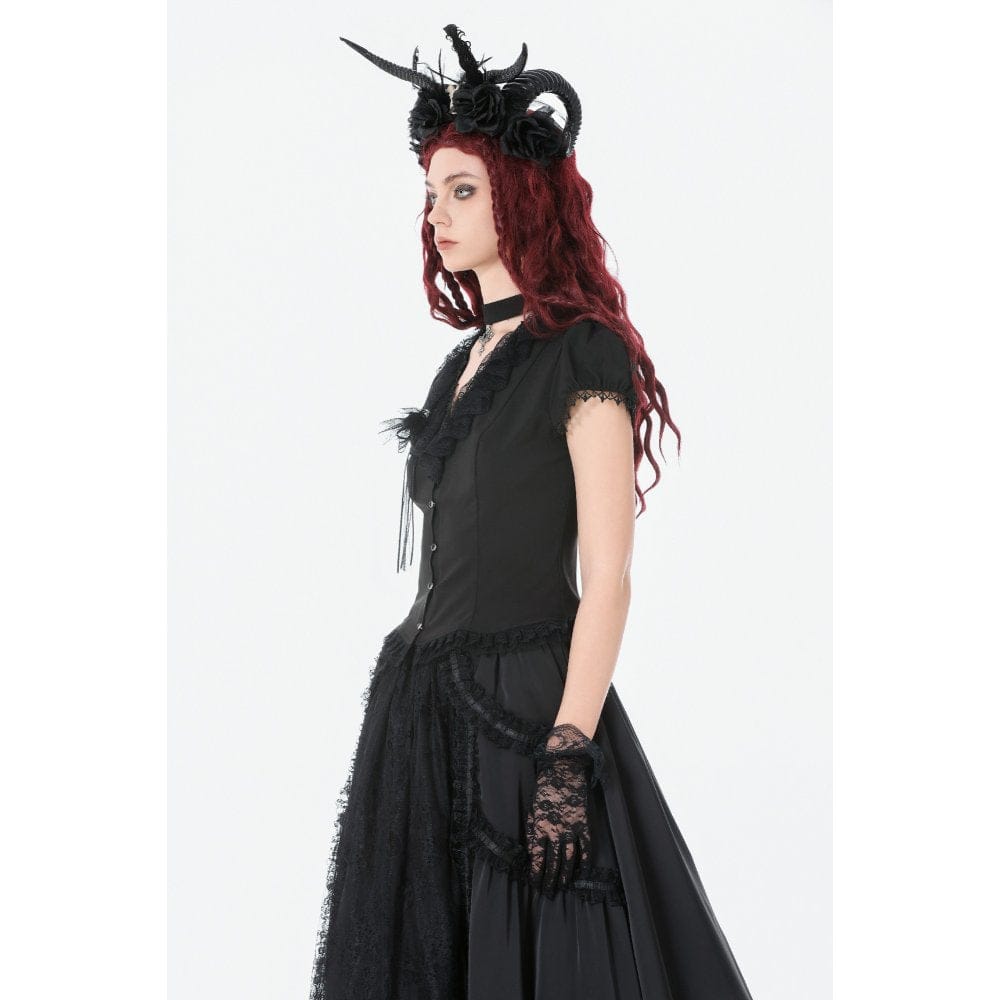 Women's Gothic Rose Ruffled Plunging Short Sleeved Shirt