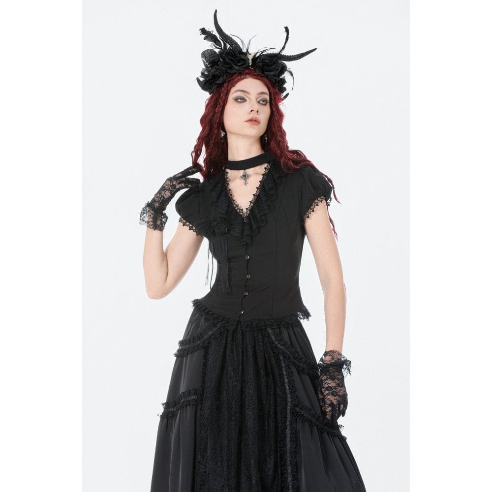 Women's Gothic Rose Ruffled Plunging Short Sleeved Shirt